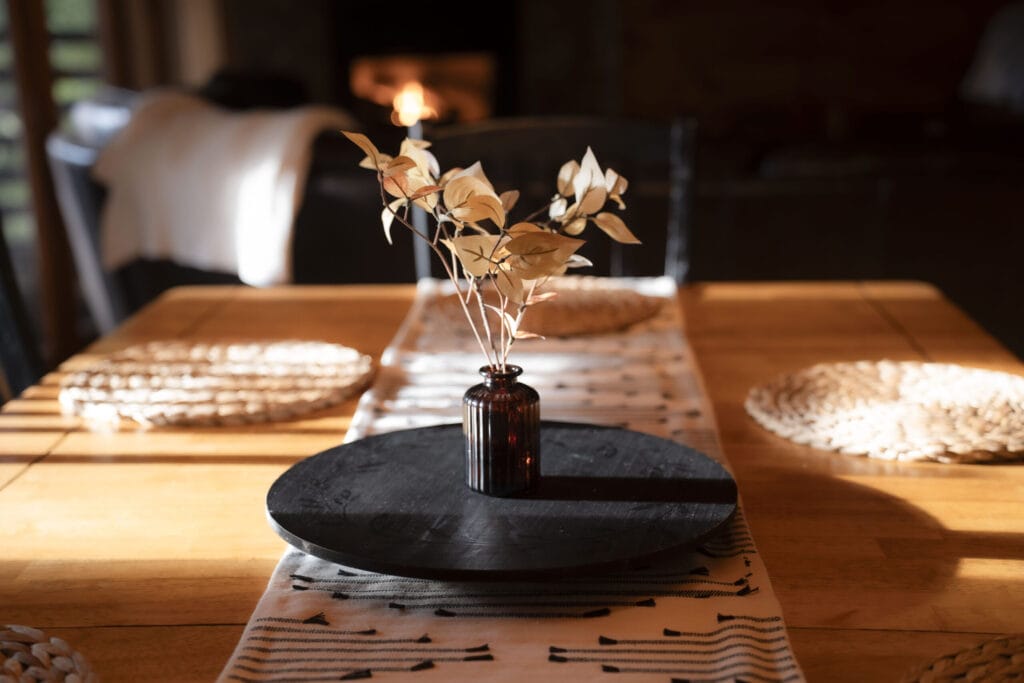 A desk decorated with flowers
